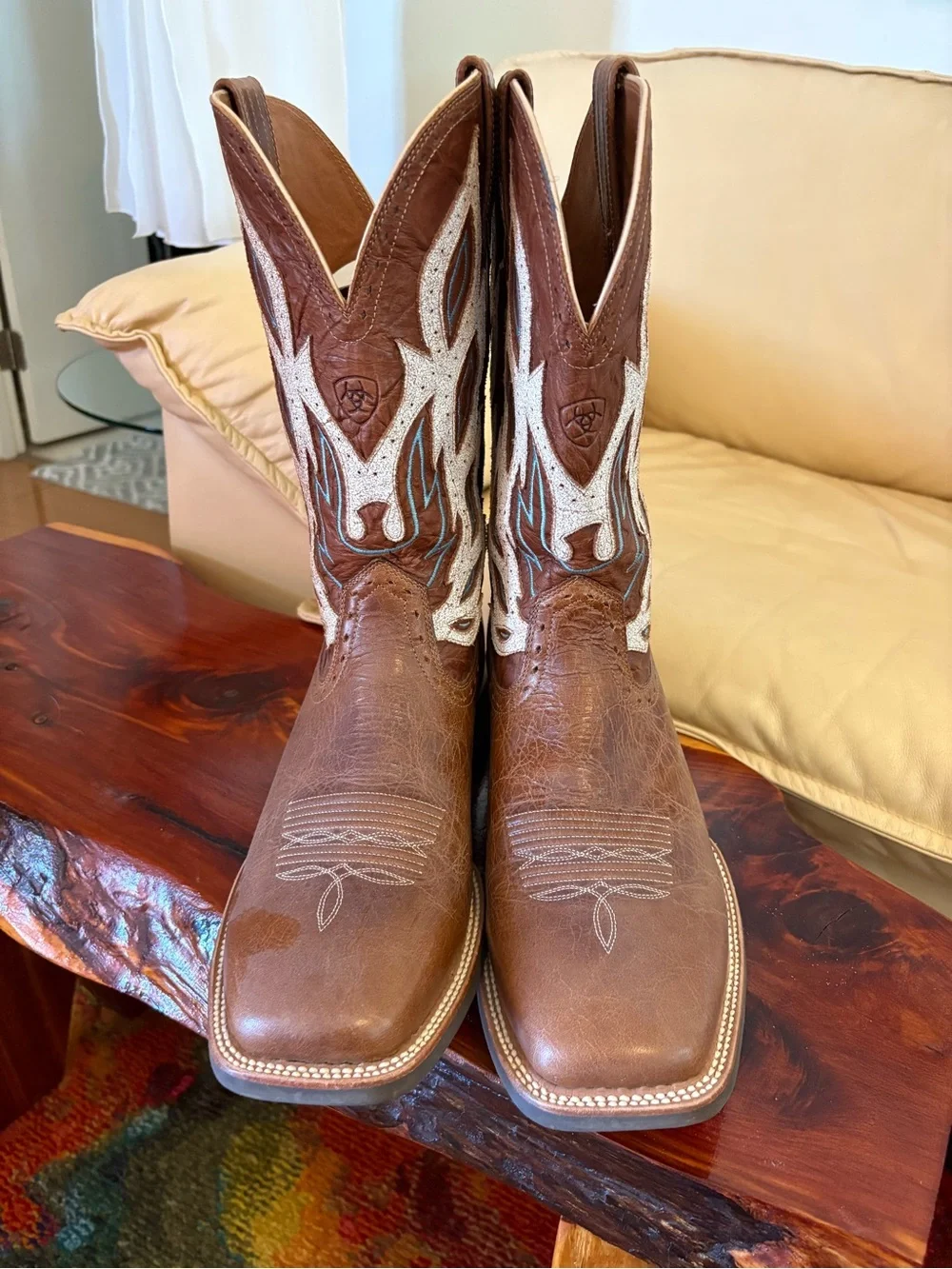Brown Western Cowboy Boots with White & Turquoise Stitching